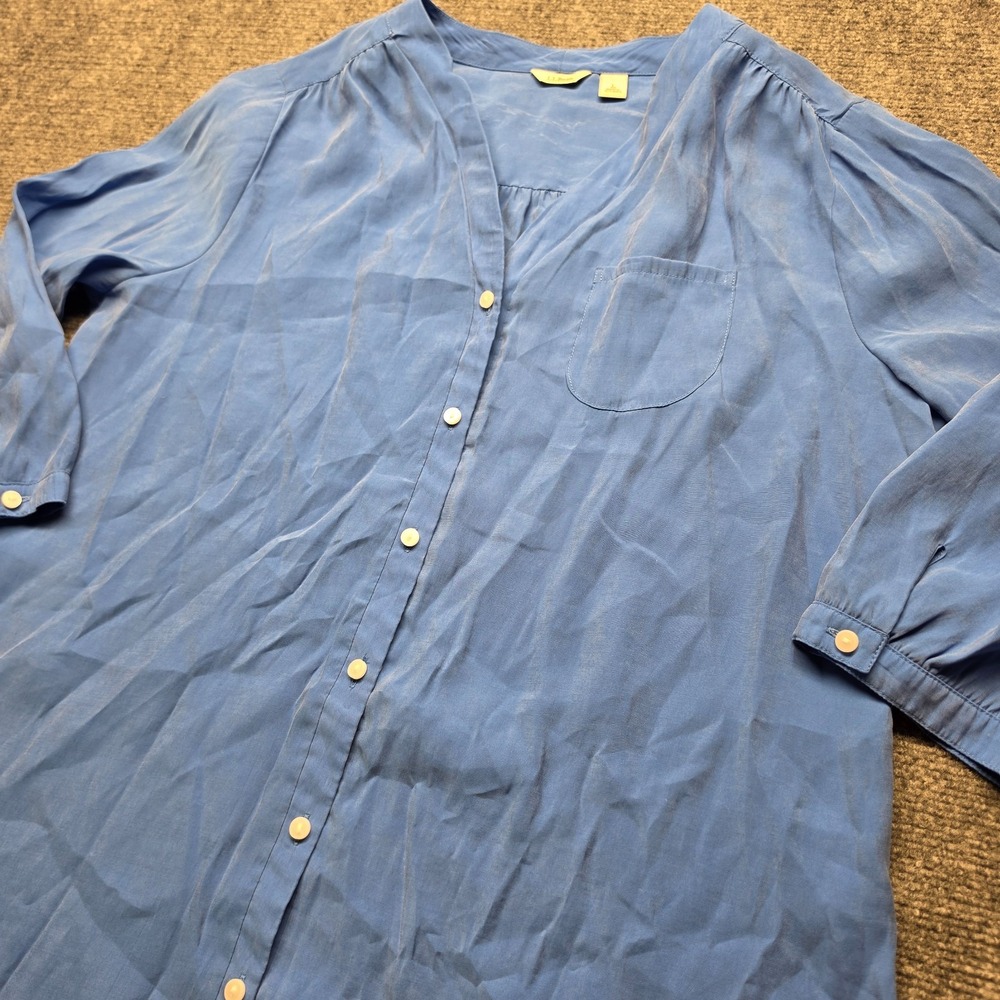 LL Bean Tunic Top Womens Large Blue Button Front 3/4 Sleeve Pocket Blouse L REG